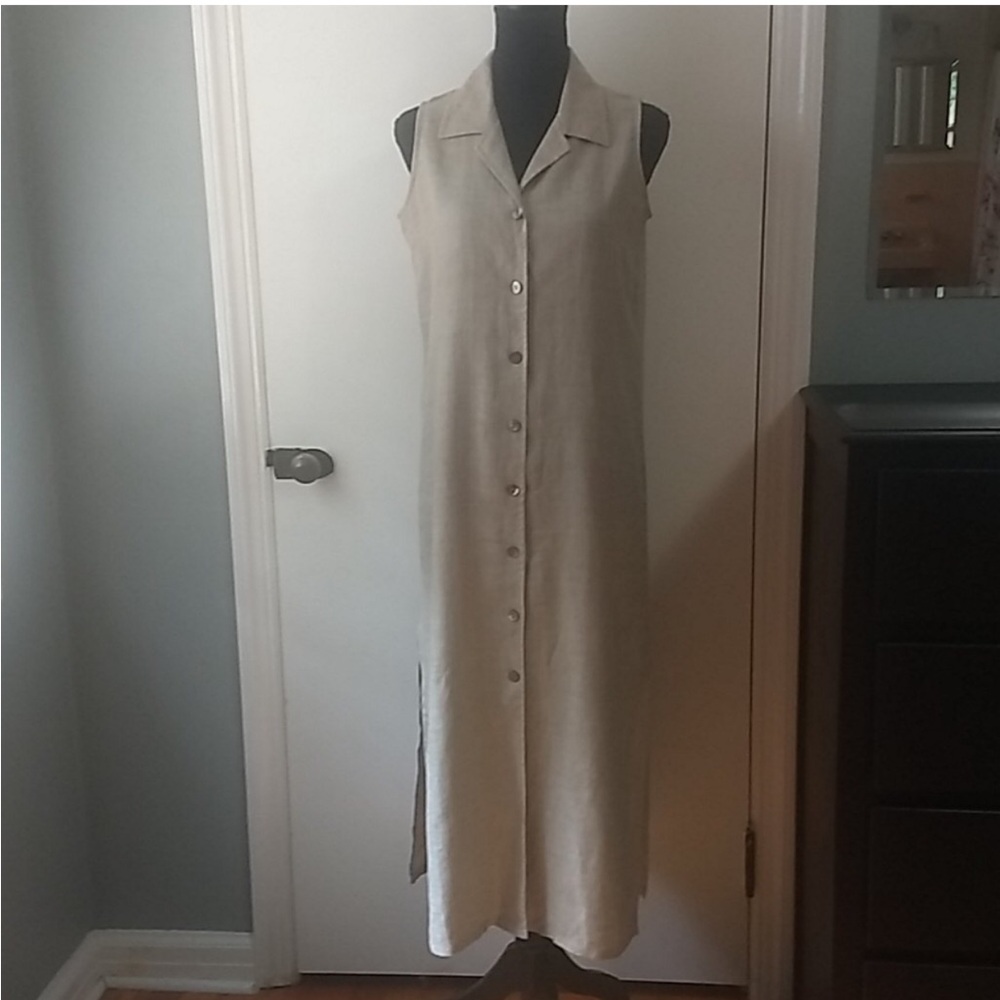 Pursuits LTD Beige Linen Sleeveless Midi Dress